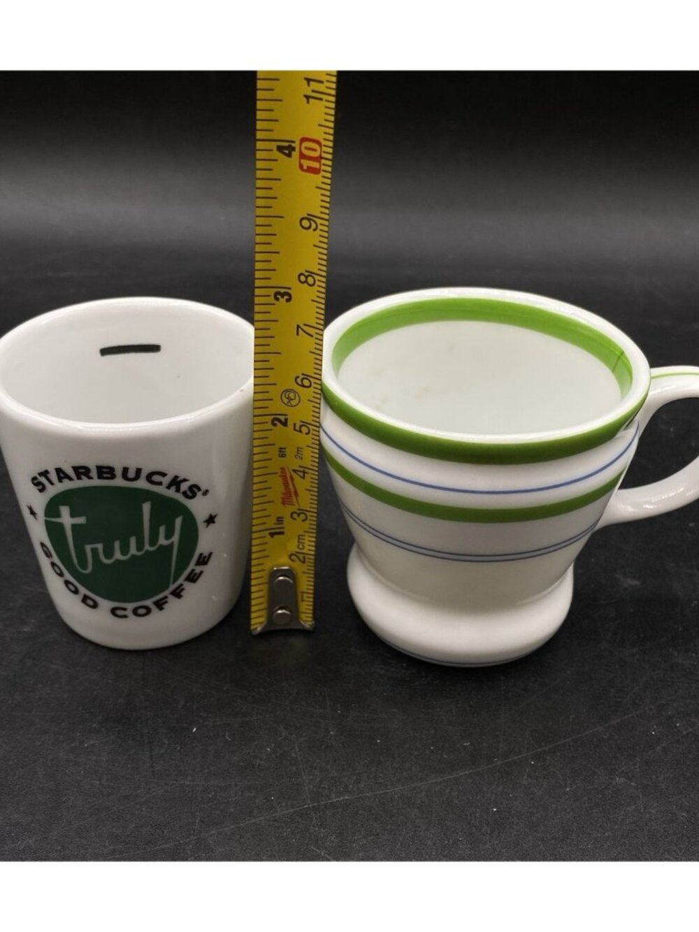 LOT 2 Starbucks Truly Good Coffee Espresso Cup Ceramic & Green Blue Stripes Cup - Picture 5 of 9